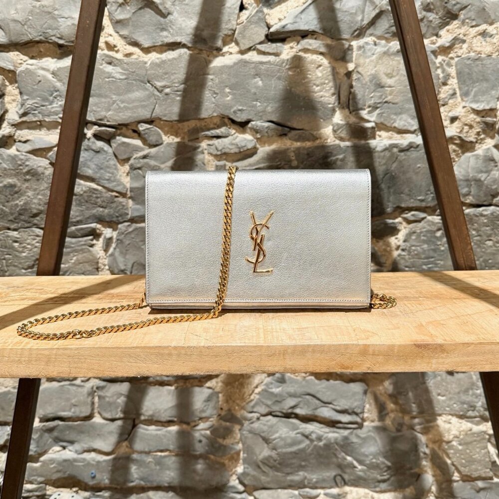 Saint Laurent Silver Metallic Kate Monogram Wallet On Chain Clutch